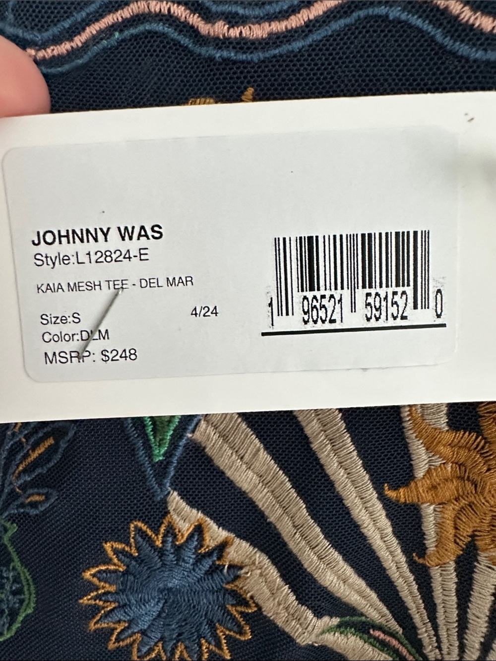 Johnny Was-Jade-Kaia mesh tee stretch Del Mar navy Embroidery elbow sleeve Sz S - Picture 11 of 15